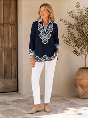 Tory Burch Navy Tunic with White Embroidered Motif